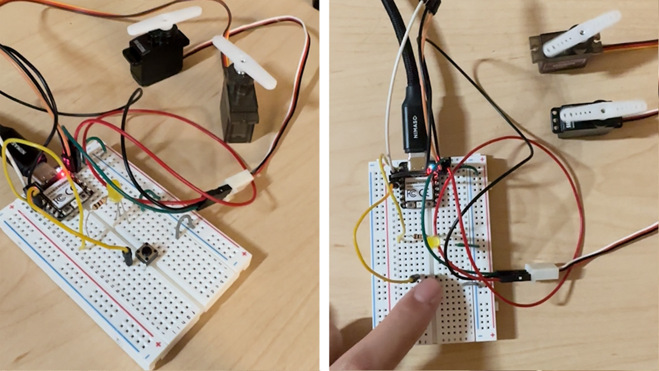 Two servo motors wired to the XIAO ESP32-S3 on a breadboard